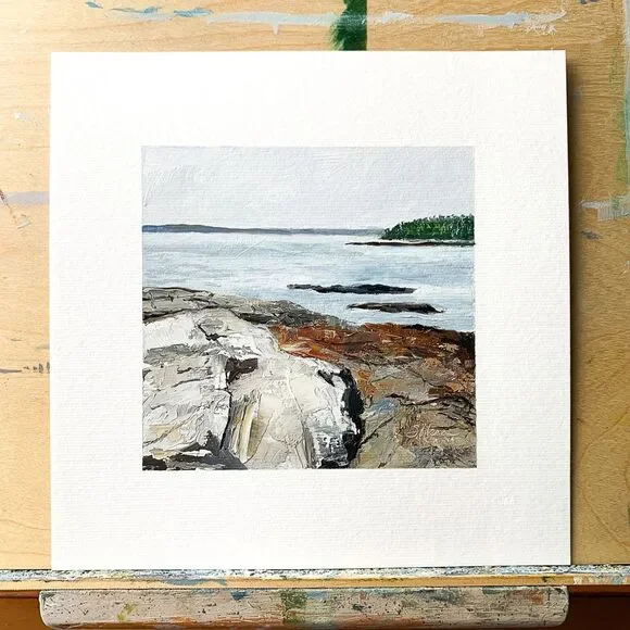 8x8 Maine Original Oil Painting Atlantic Ocean Rocks New England Coastal Signed - Picture 2 of 8